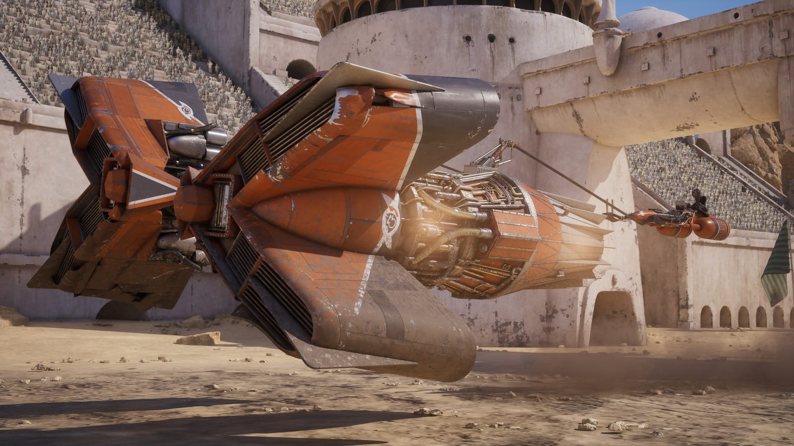 A podracer banking between the stone arms of an arena gateway