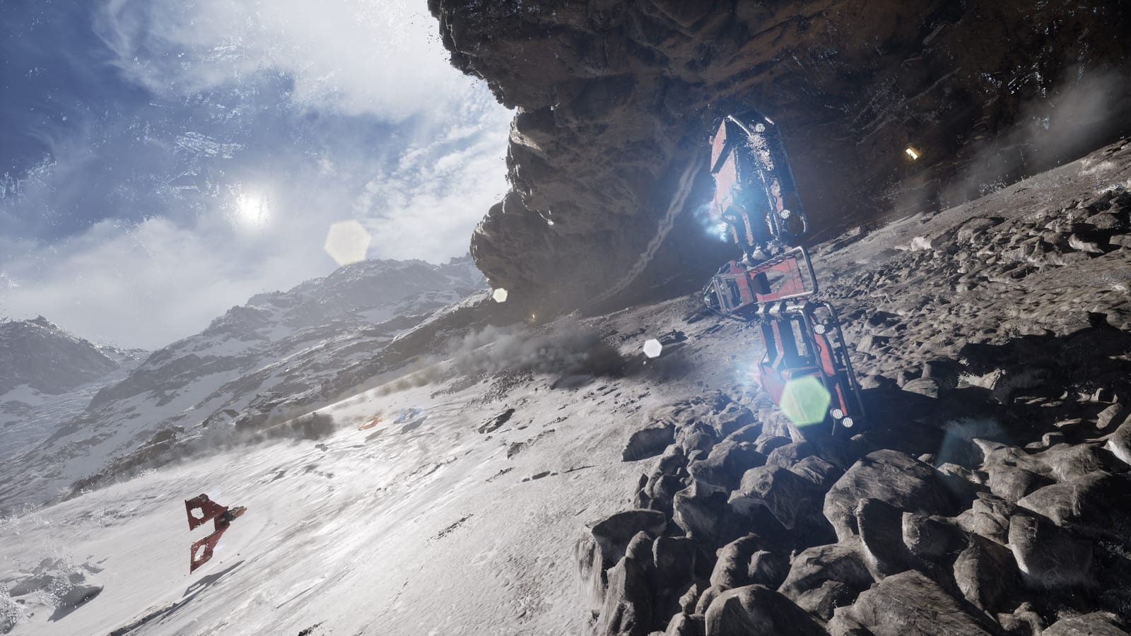 A racer climbing a rocky slope under an overhang, engines lit